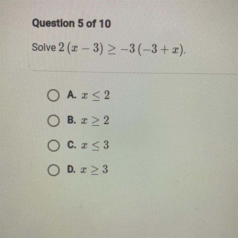 Solve 2(x-3)>-3(-3+x) (Picture added, multiple choice)-example-1