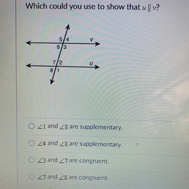 Which could you use to show that u || v? PLZ ANSWER ASAP!!!!!-example-1