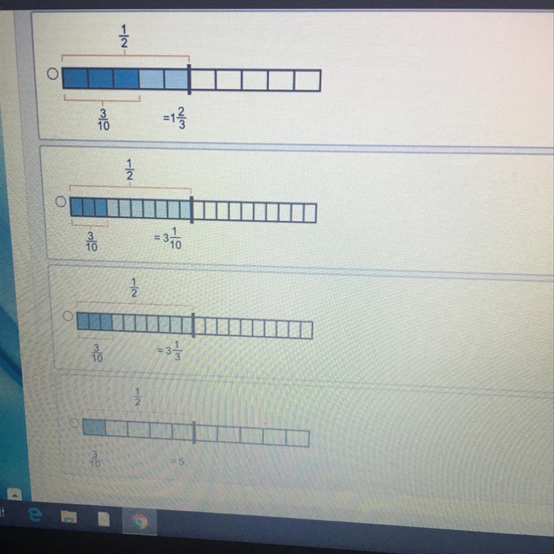 The model shows 1/2. Which of the following correctly models and gives the quotient-example-1