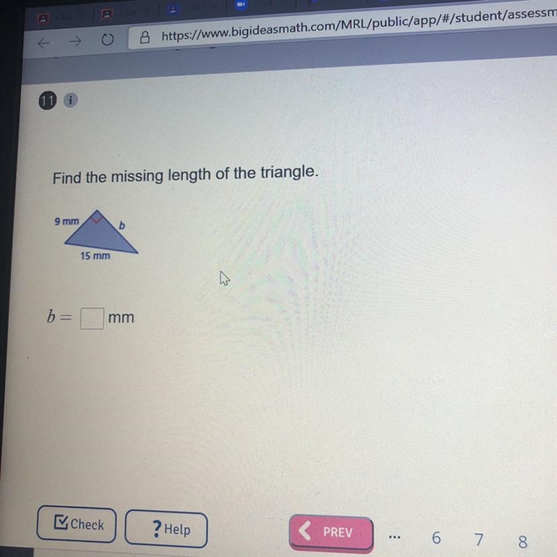 Find the missing length of the triangle. 9 mm 15 mm W b= mm-example-1