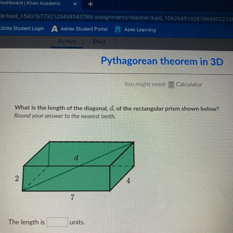 What is the length of the diagonal, d, of the rectangular prism shown below? Round-example-1