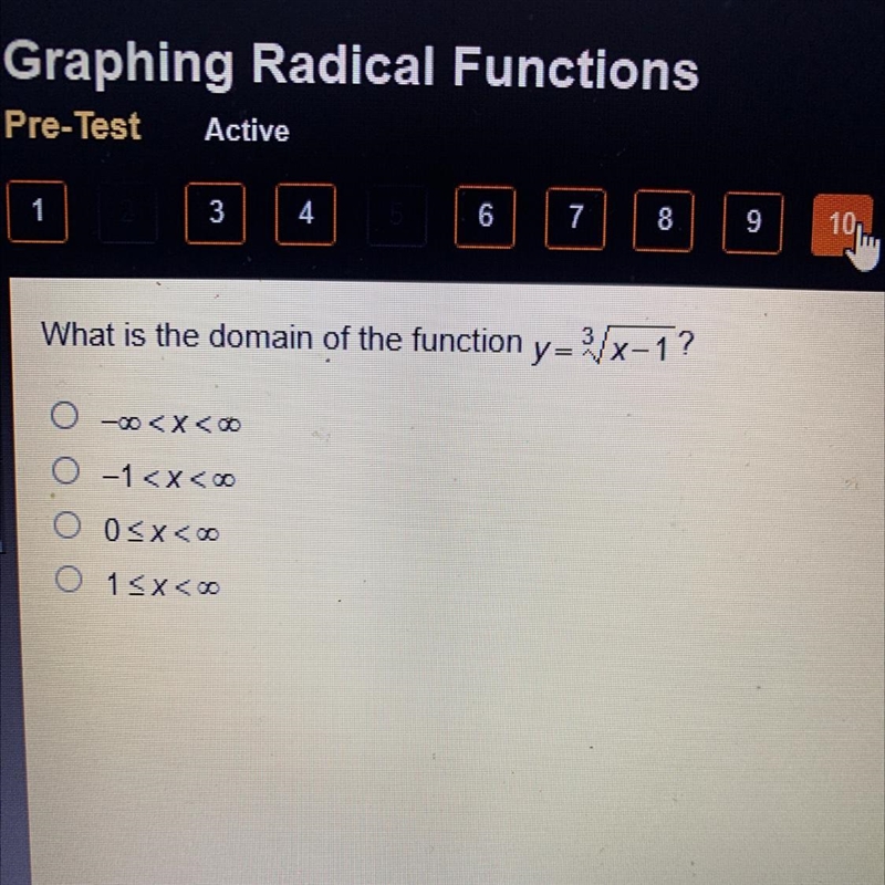 What is the domain of the function y=%/x-1? O- o -1 < x < oo 0 O 1-example-1