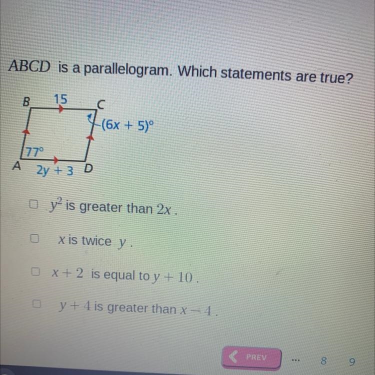 ABCD is a parallelogram. Which statements are true?-example-1