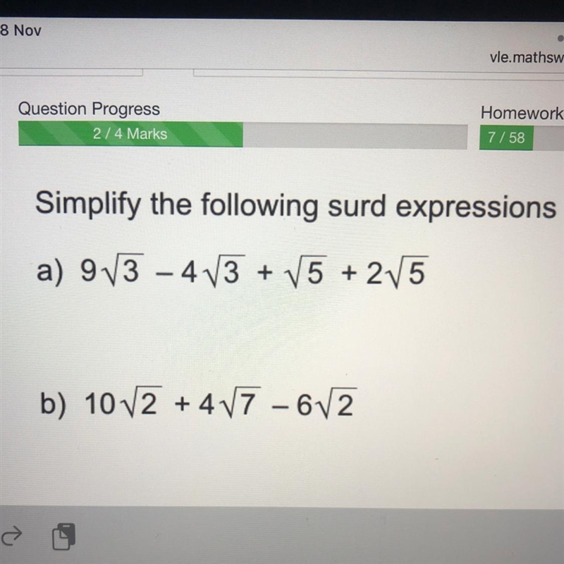 Simplify the following surd expressions a) 9V3 -4V3 + V5 + 2V5 b) 10V2 + 4V7 - 6V-example-1