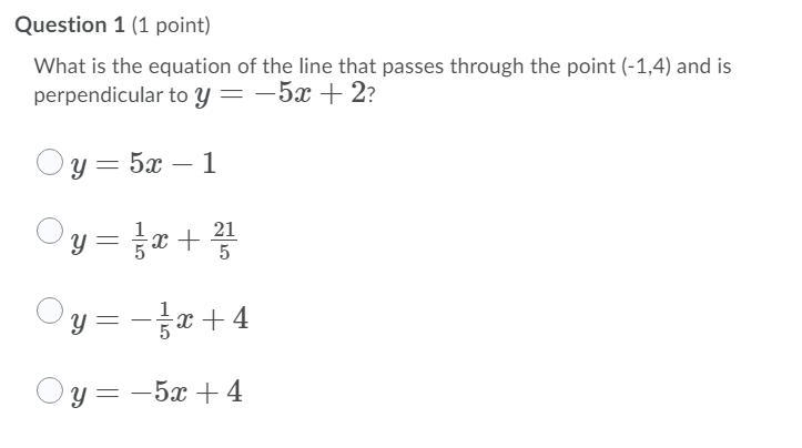 What is the equation of the line that passes through the point (-1, 4) and is perpendicular-example-1