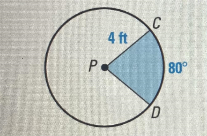 Circle P below, PC = 4 feet and m CD = 80°. Determine, to the nearest tenth, the area-example-1