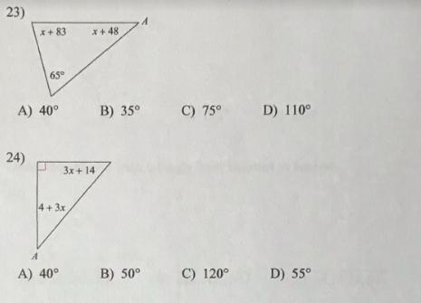 Write an equation to find x, then solve for angle measure A. 25 points.-example-1