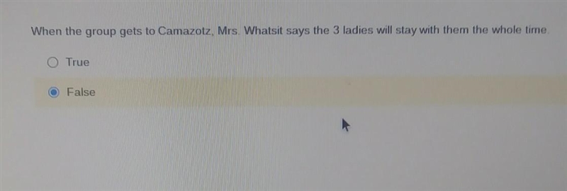 True Or False? When the group gets to Camamzotz, Mrs. Whatsit says the 3 ladies will-example-1