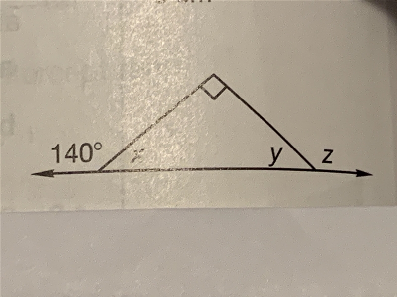 Plz help!! :) Find the measures of angles x, y, and z.-example-1