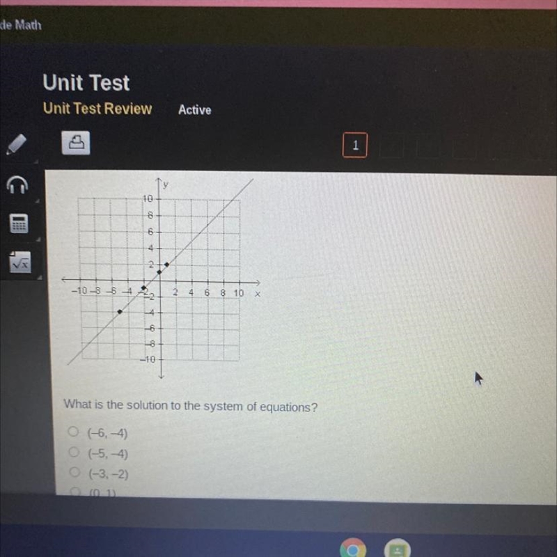 What is the solution to the system of equations? (-6,4) (-5, 4) (-3, -2) (0, 1)-example-1