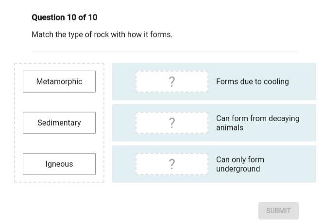 Match the type of rock with how it forms. HELP ASAP PLEASE!!!-example-1