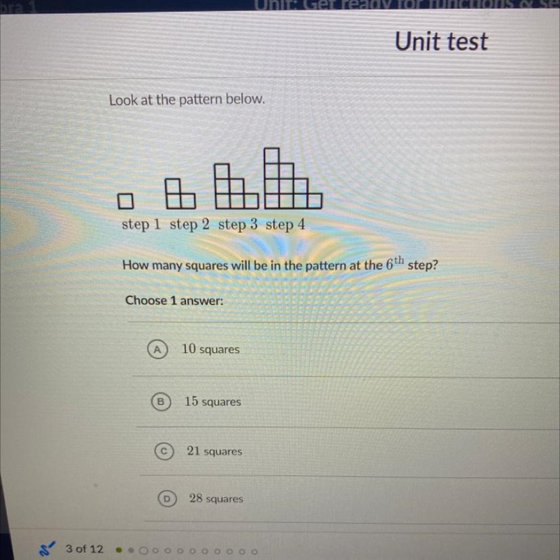 Look at the pattern below. step 1 step 2 step 3 step 4 How many squares will be in-example-1