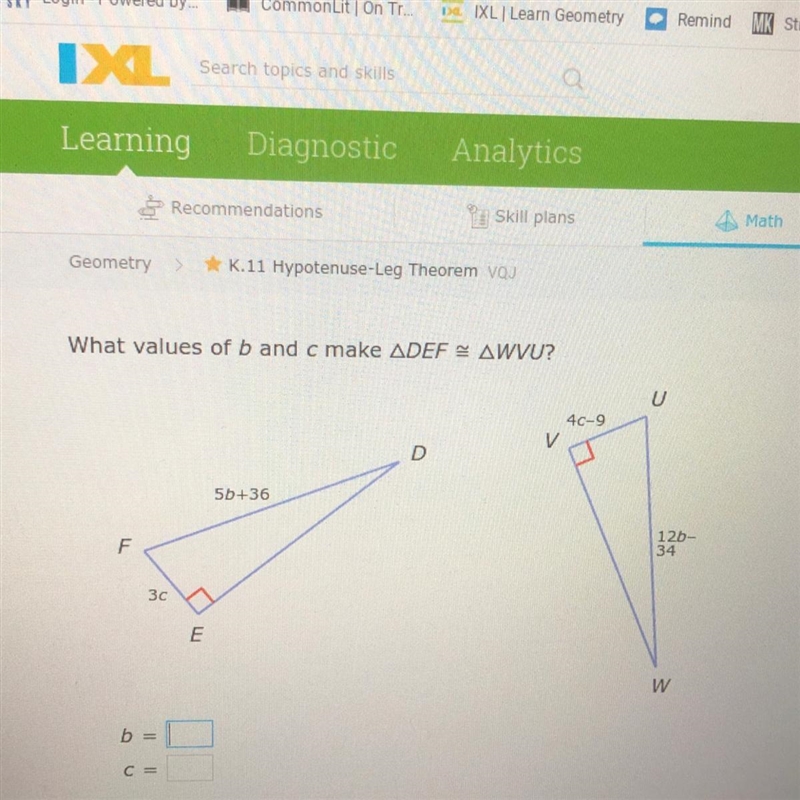 What values of b and c make ADEF AWVU? U 46-9 v D 5b+36 F 12b- 34 3c E w b =-example-1