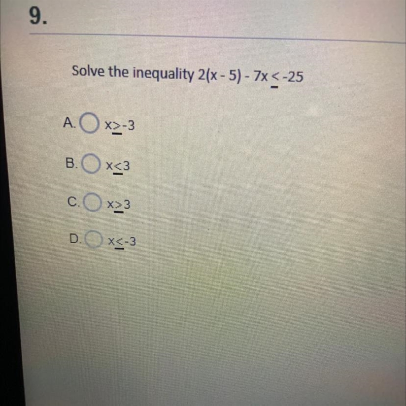 Solve the inequality 2(x - 5) - 7x < -25-example-1