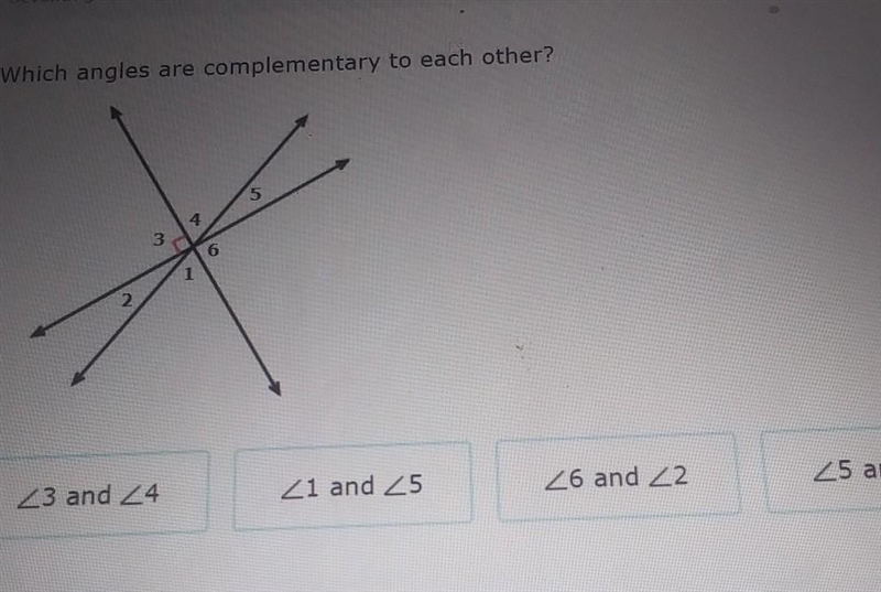 Which angles are complementary to eachother​-example-1