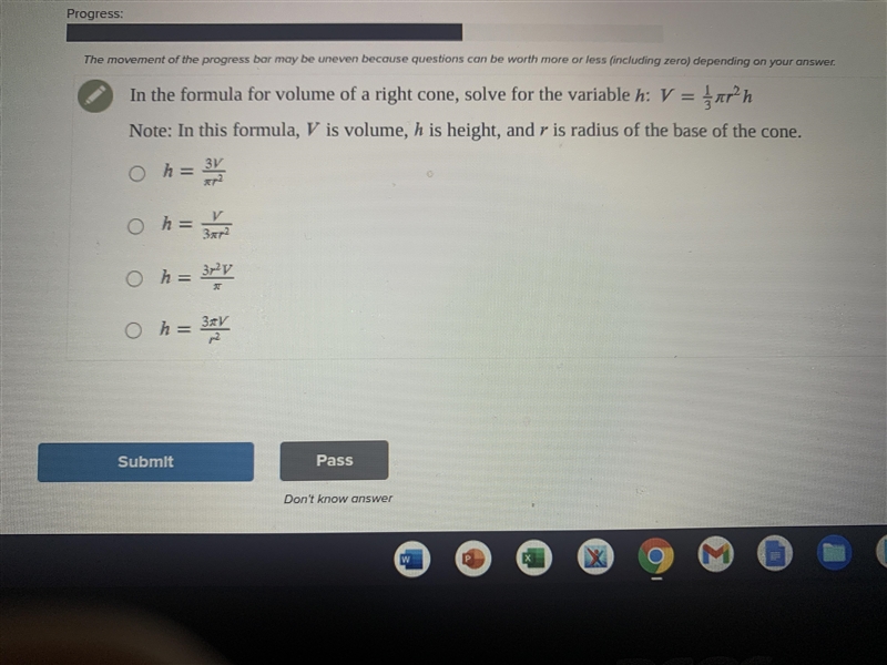 Solve for the h: V= 1/3 π r^2 h-example-1