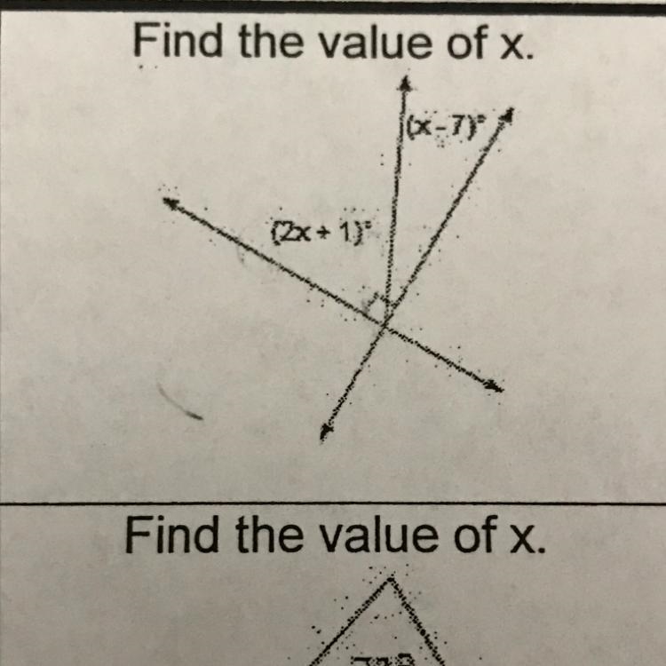 Find the value of x, (x-7)°(2x+1) ° Pleas help!!!!-example-1