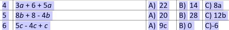 4. 3a+6+5a A)16 B)8a C)8 5. 8b+8-4b A)20 B)28 C)12b 6. 5c-4c+c A)9c B)0 C)-6-example-1