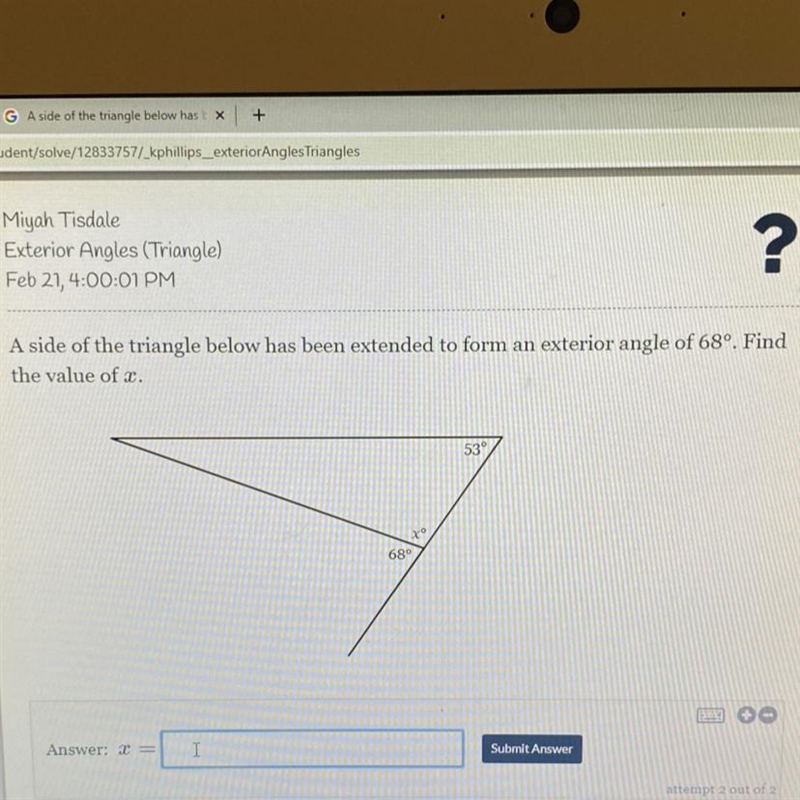 A side of the triangle below has been extended to form an exterior angle of 68º. Find-example-1