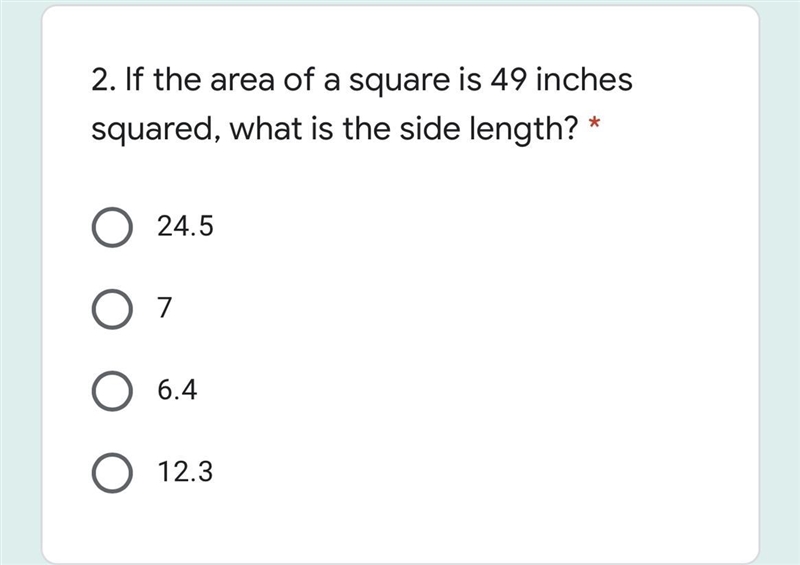 2. If the area of a square is 49 inches squared, what is the side length?-example-1