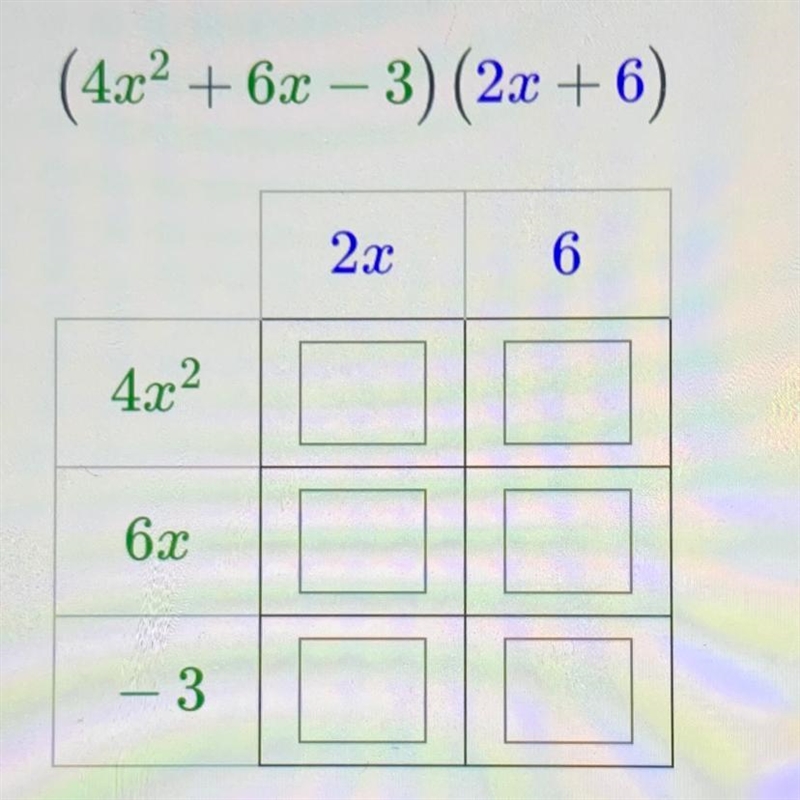 Please help me! Use the box method to distribute and simplify (4x2 + 6x – 3)(2x + 6). Drag-example-1