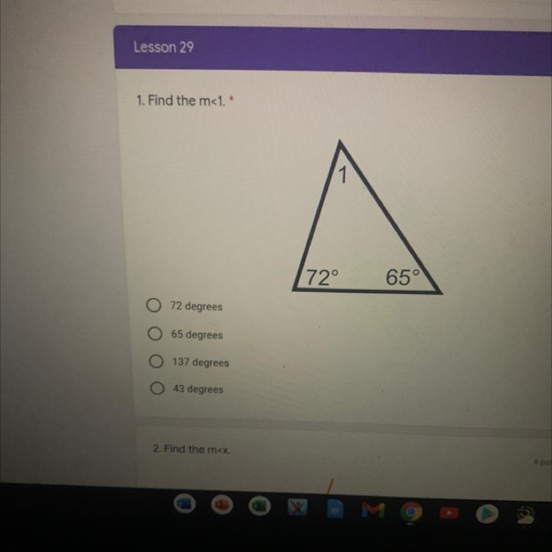 Find the m<1 a. 72 b. 65 c. 137 d. 43-example-1