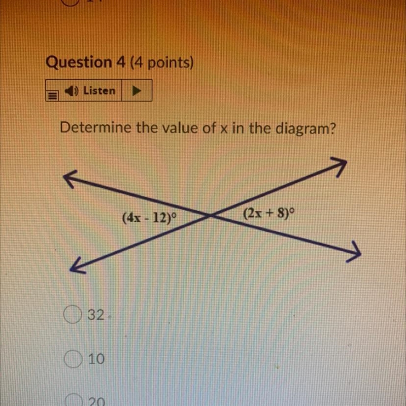 Determine the value of x in the diagram? A.32 B.10 C.20 D.16-example-1