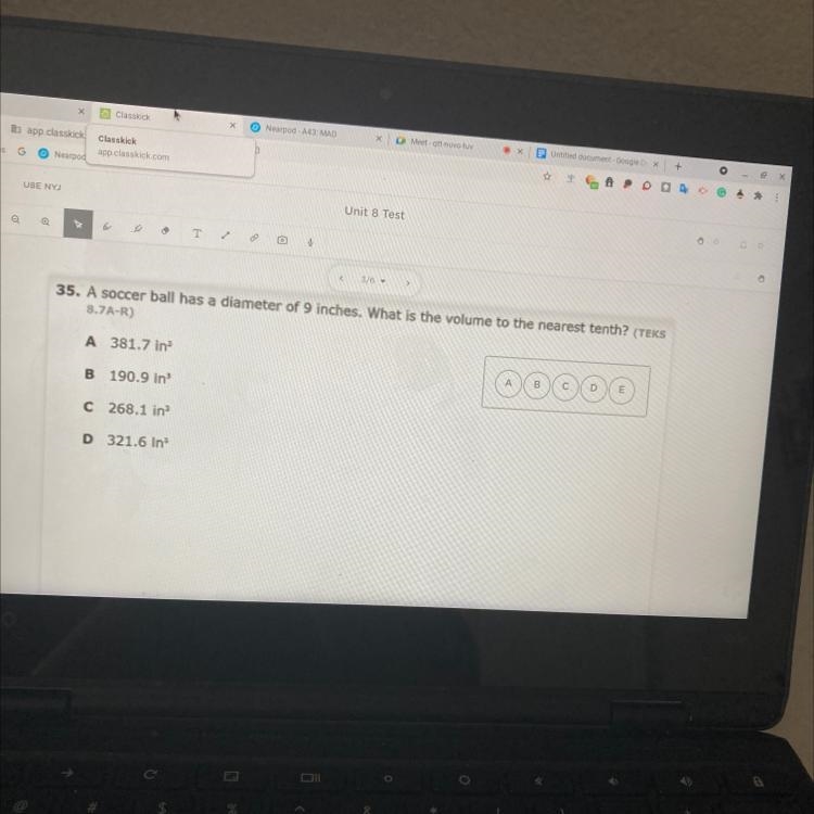 T 3/6 35. A soccer ball has a diameter of 9 inches. What is the volume to the nearest-example-1