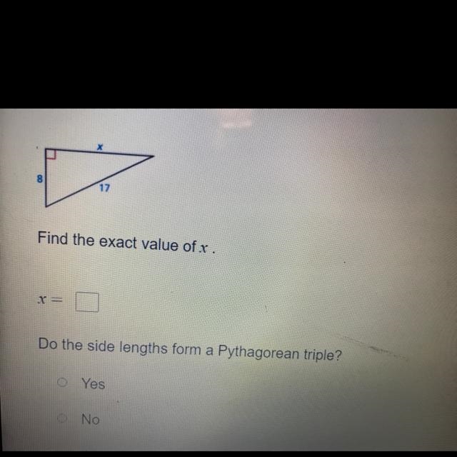 Find the exact value of x using the pythagorean theorem. Do the side lengths for a-example-1