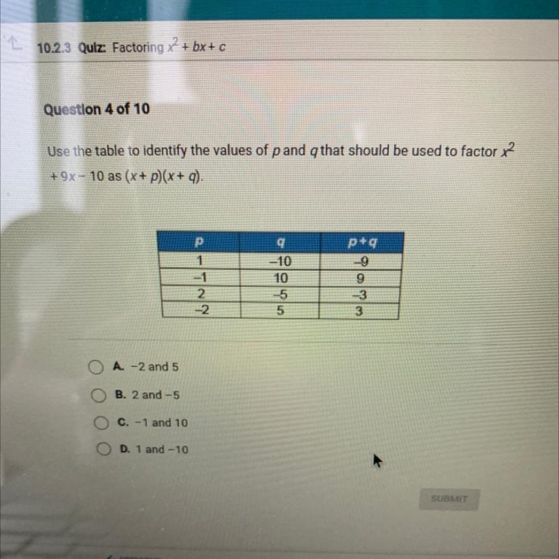 Use the table to identify the values of p and q that should be used to factor x2 +9x-example-1