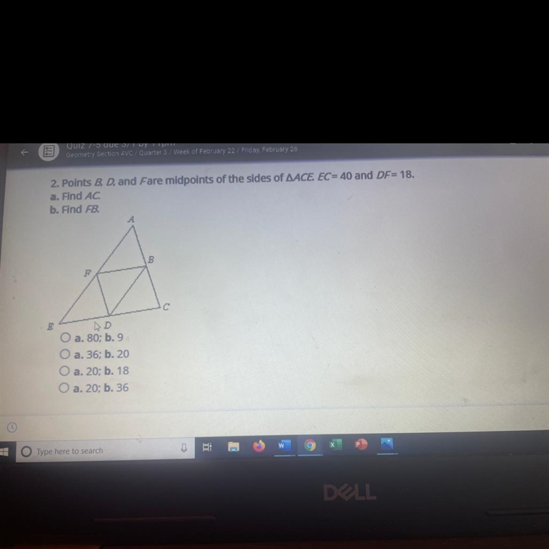 Find AC and FB. Points B, D, and F are midpoints of the sides of ACE. EC=40 and DF-example-1