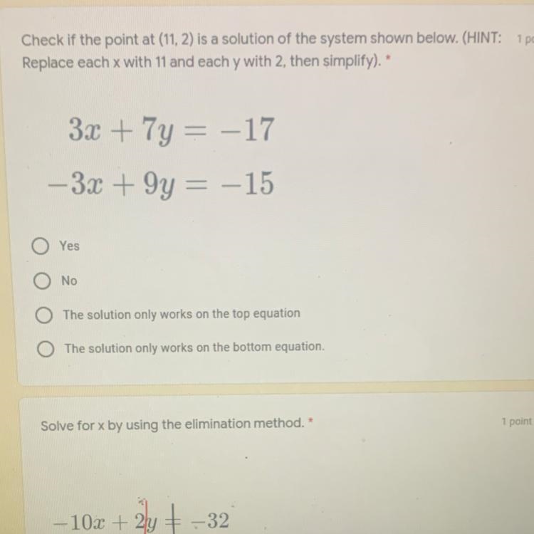 Check the point at (11,2) is a solution of the system shown below. (ignore the question-example-1