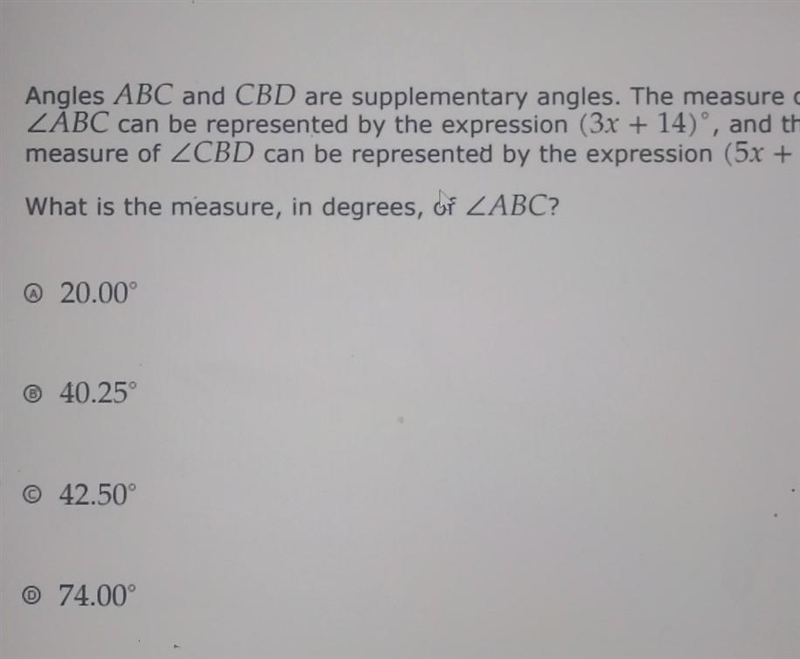 (3x+14)° measurement in degrees a.20.00° b.40.25° c.42.50° d.74.00°​-example-1