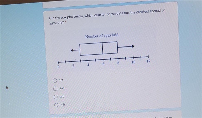 7. In the box plot below, which quarter of the data has the greatest spread of numbers-example-1