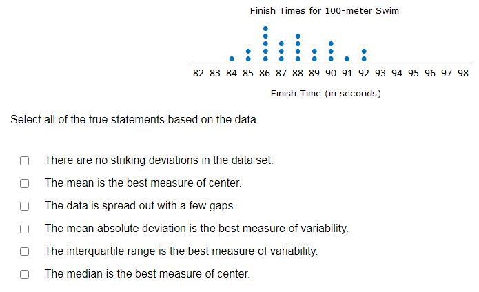 Calvin practices a 100-meter swim each day. He recorded his finish times, in seconds-example-1