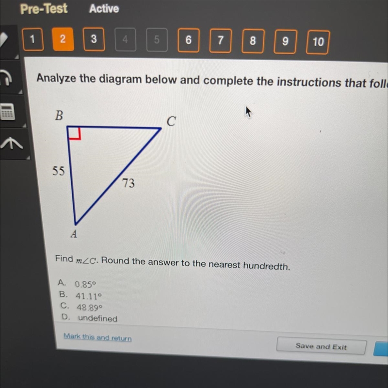 Please hurry!!! Find m_c. Round the answer to the nearest hundredth. A. 0.85° B. 41.11° C-example-1