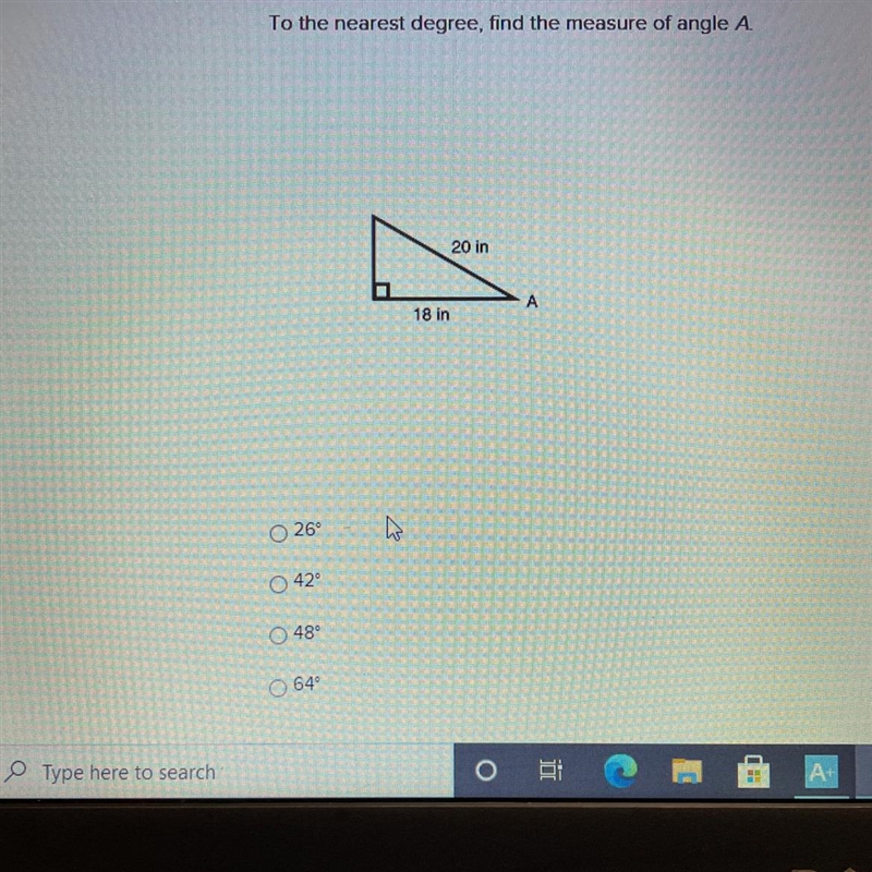 To the nearest degree, find the measure of angle A?-example-1