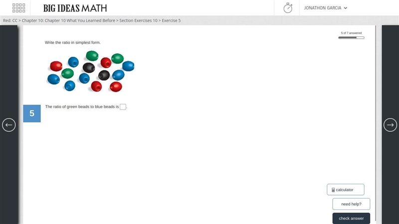 Write the ratio in simplest form. The ratio of green beads to blue beads is ???-example-1