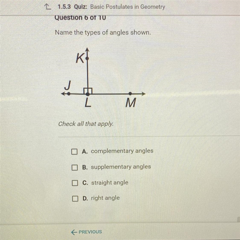 Name the types of angles shown M Check all that apply D A. complementary angles B-example-1