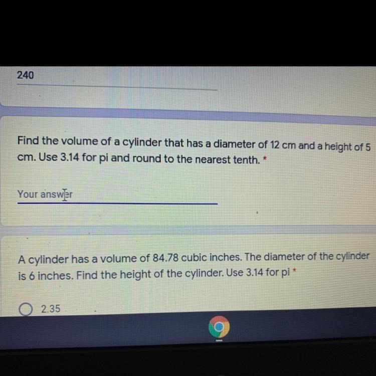 Find the volume of a cylinder that has a diameter of 12 cm and a height of 5 cm. Use-example-1