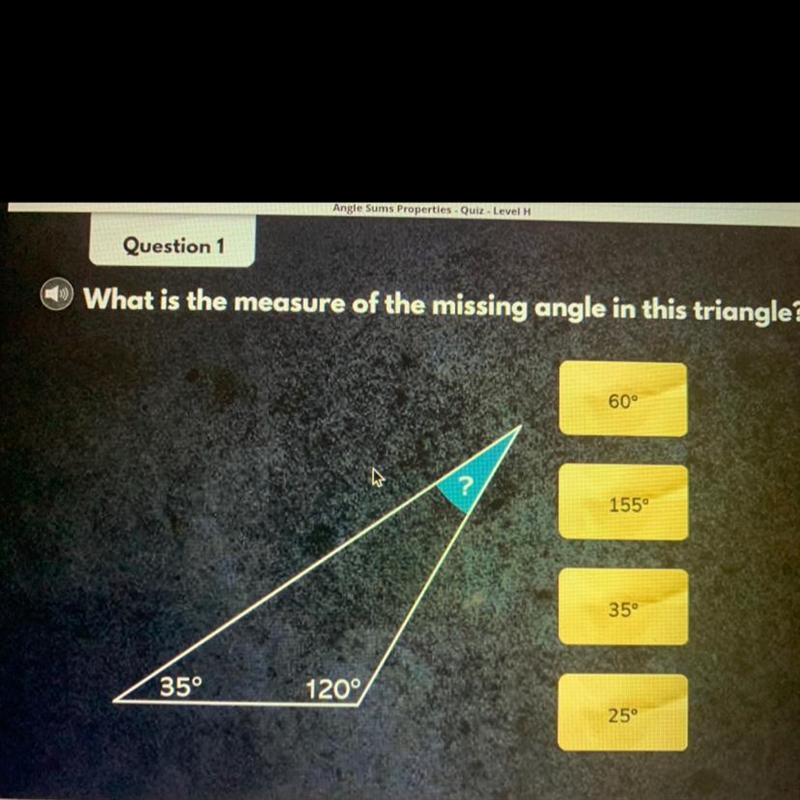 Which is a measure of the missing angle in this triangle￼?-example-1