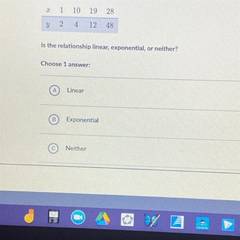 Is the relationship linear, exponential,or neither?-example-1