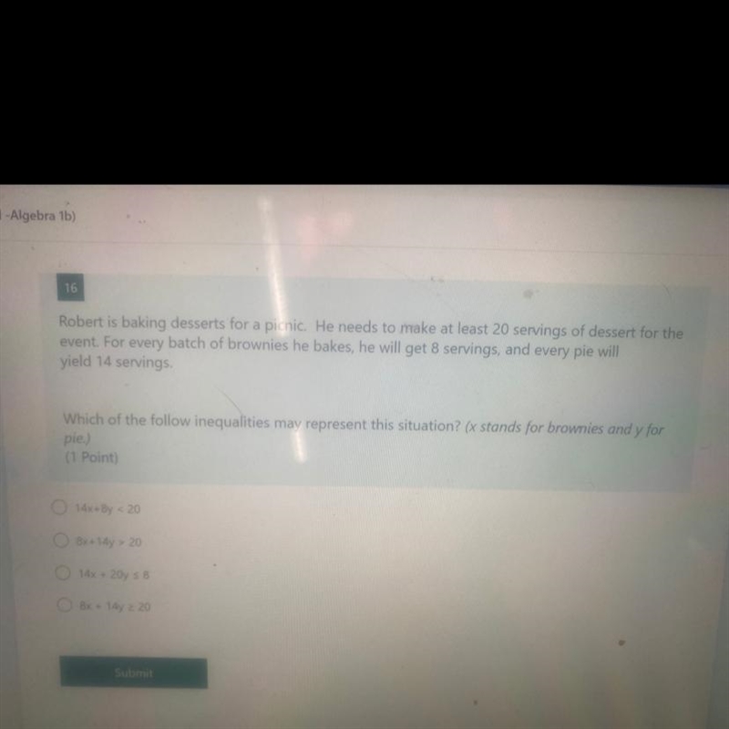 PLEASE HELP!!!! Robert is baking desserts for a picnic. He needs to make at least-example-1