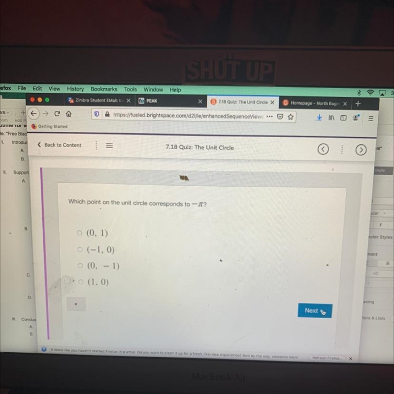 Which point on the unit circle corresponds to — Pi?-example-1