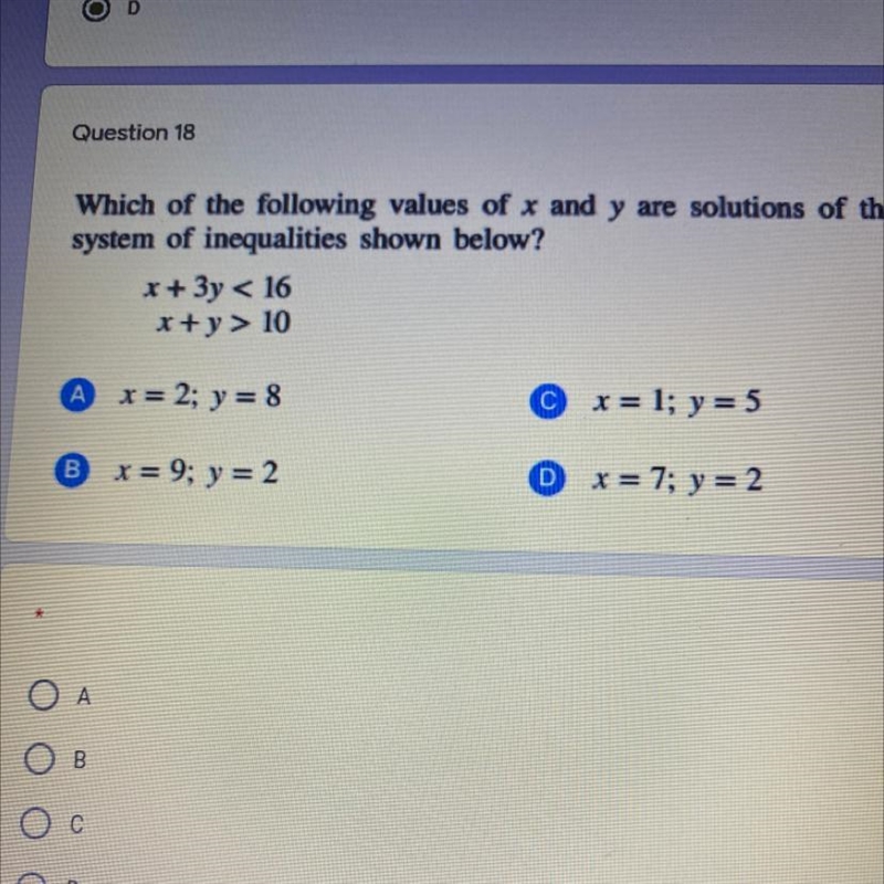 Which of the following values of x and y are solutions of the system of inequalities-example-1