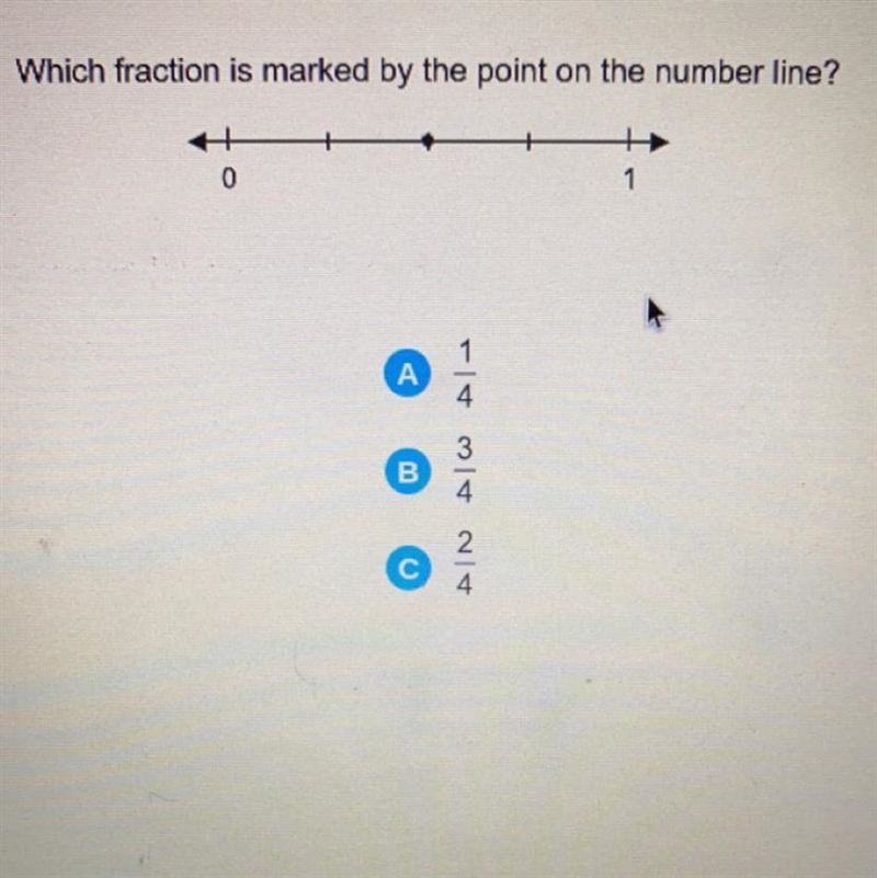 Which fraction is marked by the point on the number line? A. 1/4 B. 3/4 C. 2/4-example-1