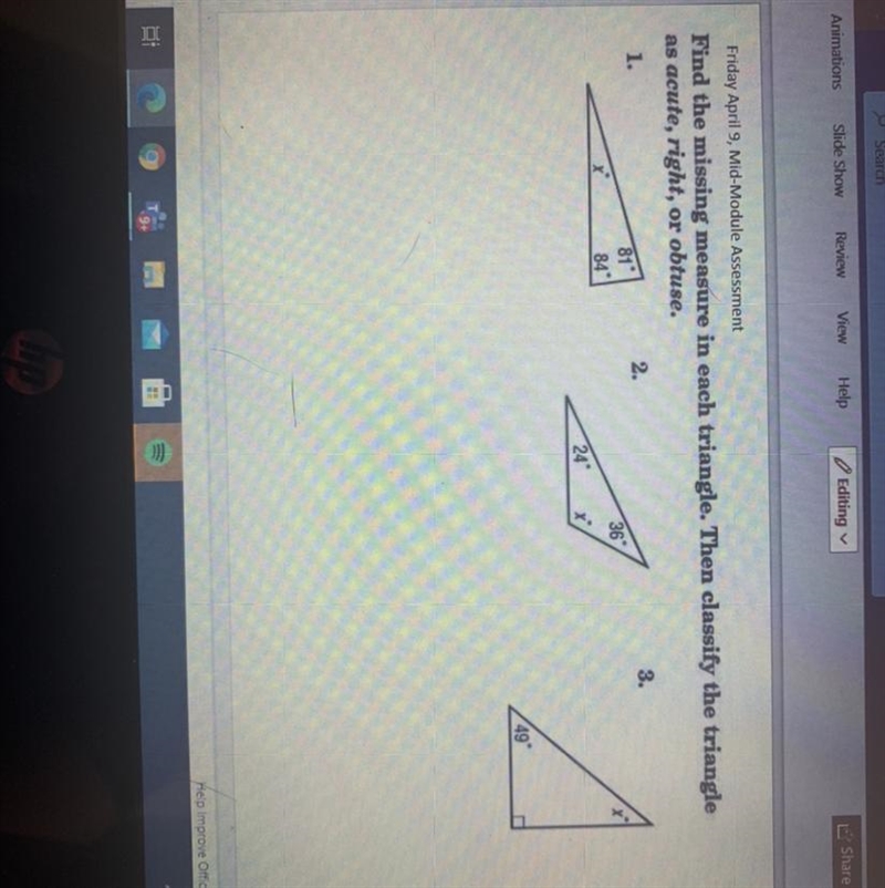 Find the missing measure in each triangle. Then classify the triangle as acute, right-example-1