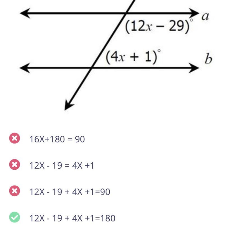 Show me how to find x using the correct equation shown here (geometry)-example-1