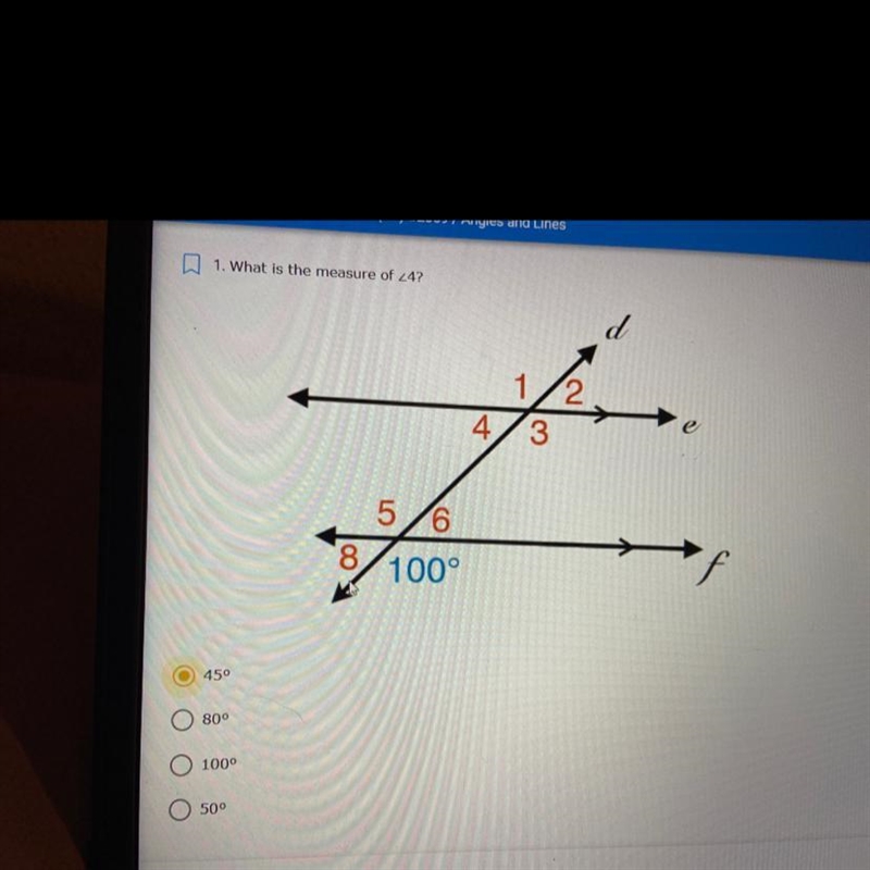 1. What is the measure of 24? d e 4. 3 5/6 8 100° f 450 800 1000 500-example-1