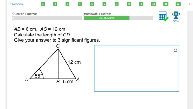 AB = 6cm , AC = 12cm. Calculate the length of CD Give your answers to 3 significant-example-1